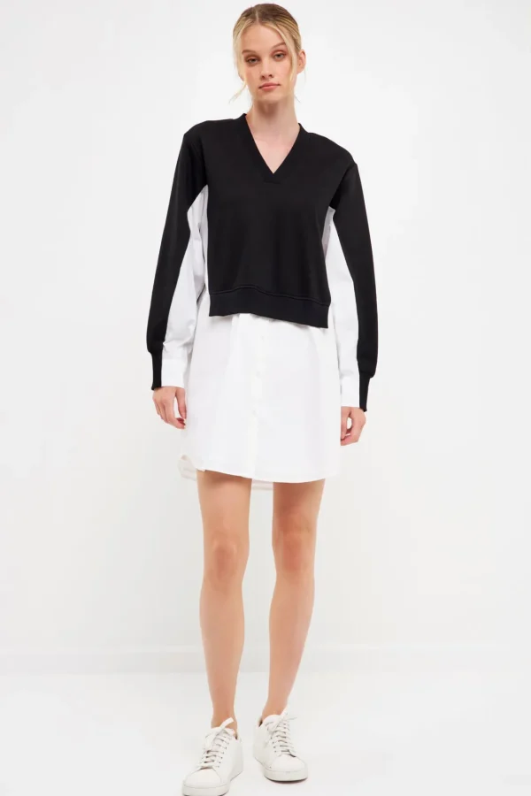 ENGLISH FACTORY Tops*- V-neck Sweatshirts Dress with Poplin