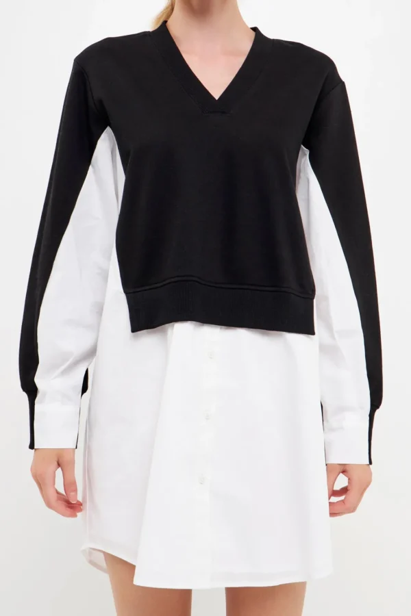 ENGLISH FACTORY Tops*- V-neck Sweatshirts Dress with Poplin