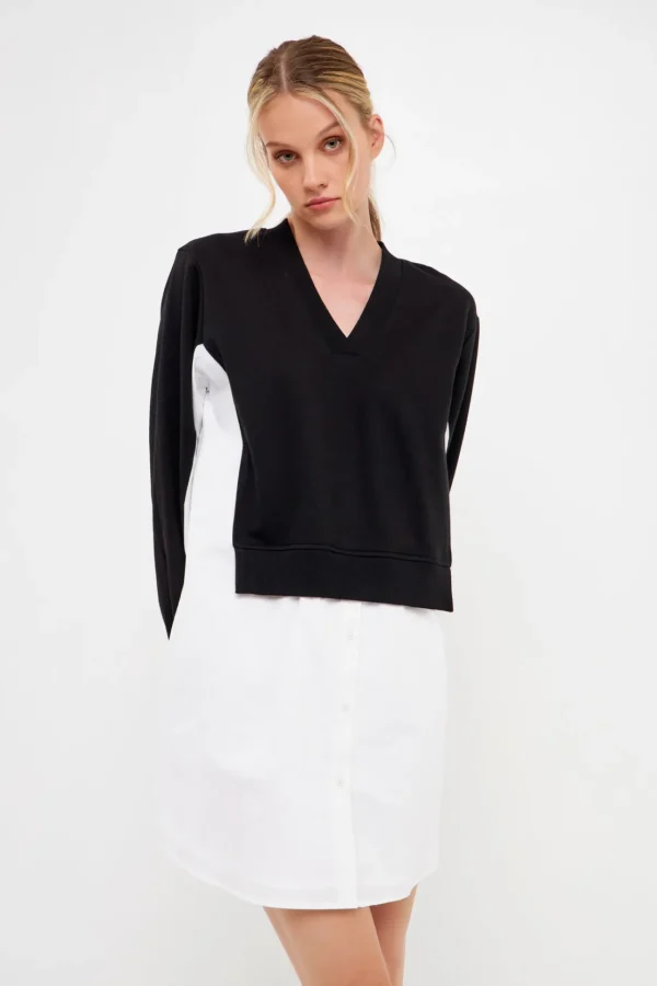 ENGLISH FACTORY Tops*- V-neck Sweatshirts Dress with Poplin