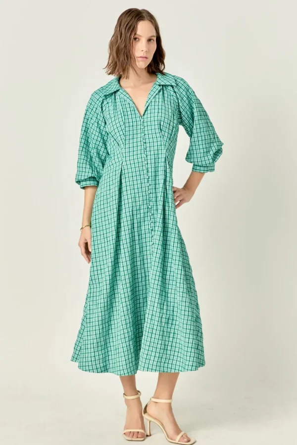 ENGLISH FACTORY Tops*- Volum Sleeves Shirt Midi Dress GREEN