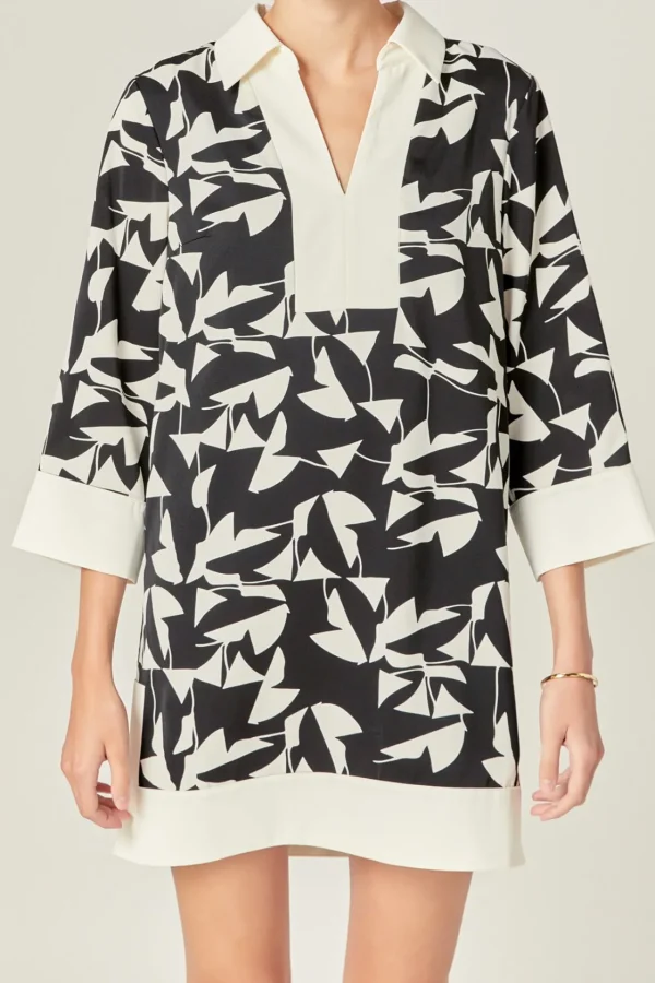 ENGLISH FACTORY Tops*- White and Black Printed Tunic Dress BLACK/IVORY