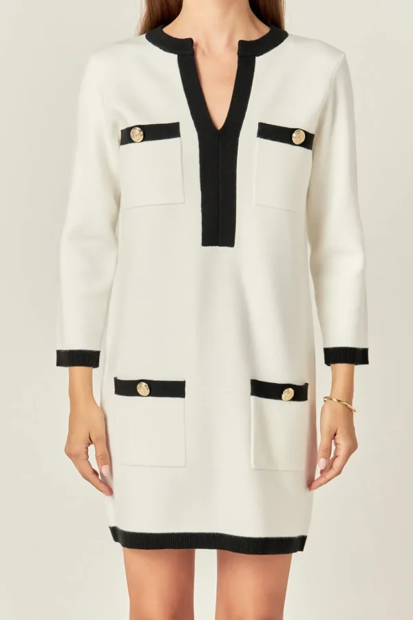 ENGLISH FACTORY Tops*- White and Black Mini Knit Dress WHITE/BLACK