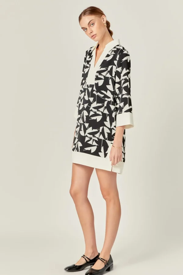 ENGLISH FACTORY Tops*- White and Black Printed Tunic Dress BLACK/IVORY
