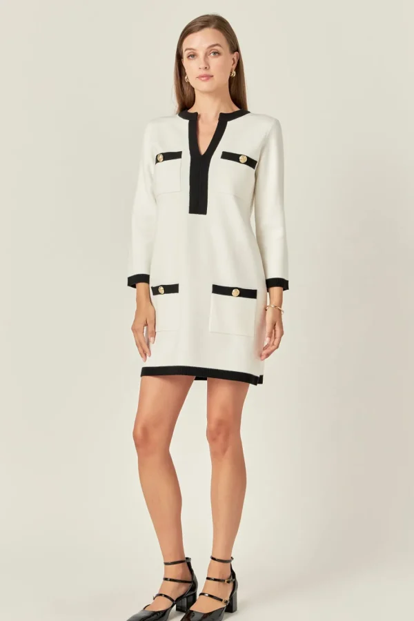 ENGLISH FACTORY Tops*- White and Black Mini Knit Dress WHITE/BLACK