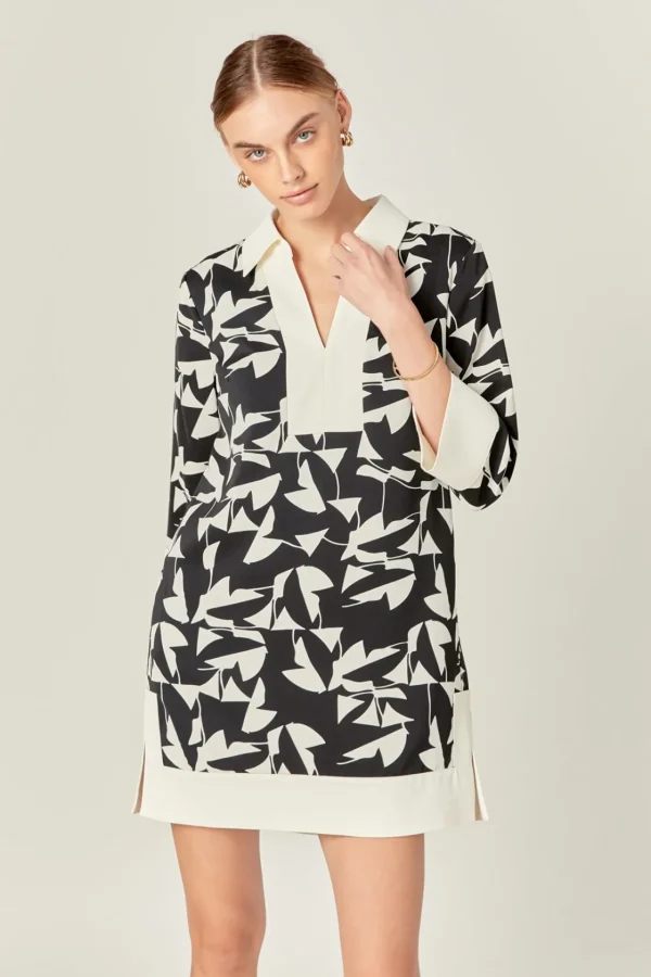 ENGLISH FACTORY Tops*- White and Black Printed Tunic Dress BLACK/IVORY