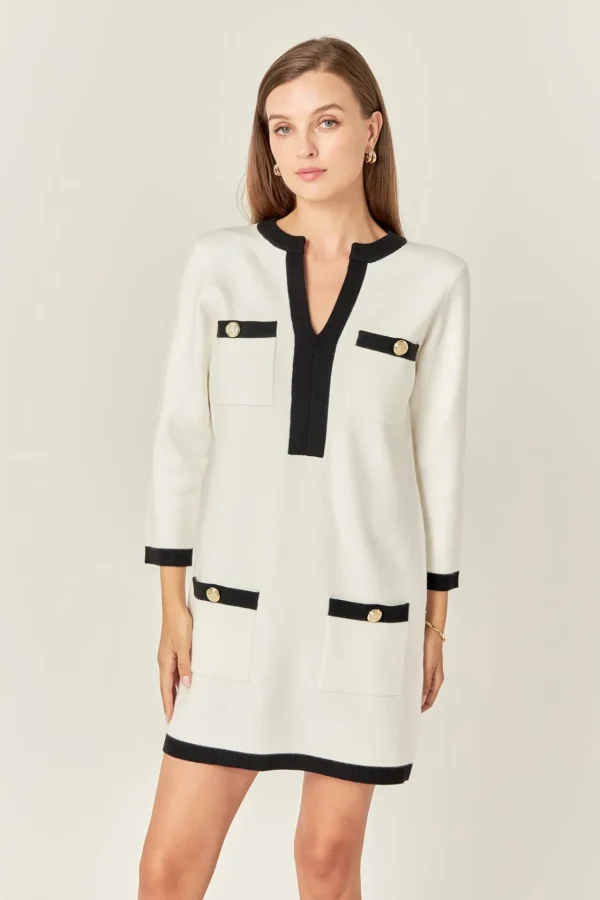 ENGLISH FACTORY Tops*- White and Black Mini Knit Dress WHITE/BLACK