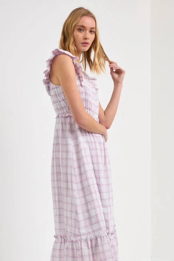 ENGLISH FACTORY Tops*- WOMEN WOVEN PLAID DRESS WHITE/PURPLE