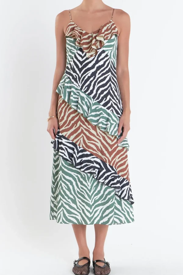 ENGLISH FACTORY Tops*- Zebra Print Colorblocked Slip Dress BROWNMULTI