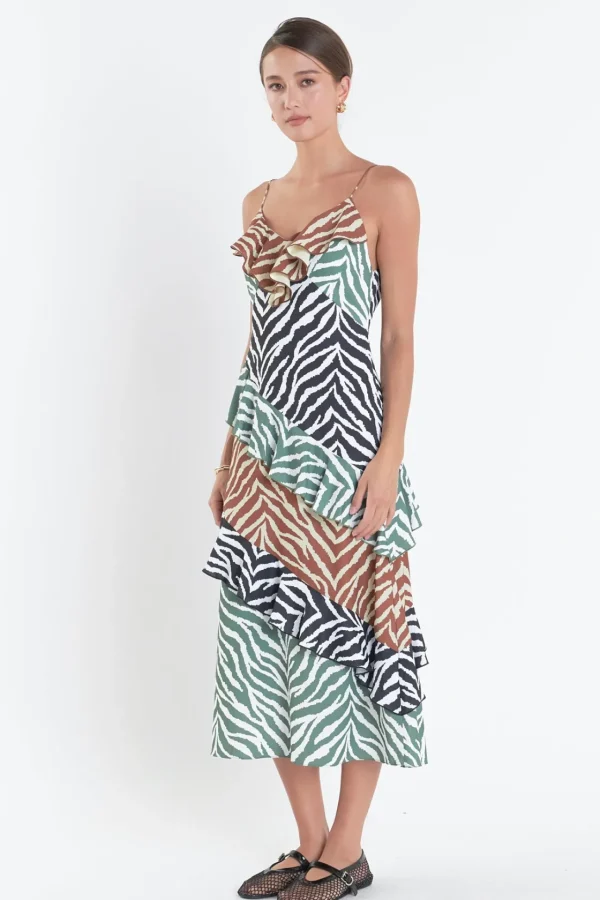 ENGLISH FACTORY Tops*- Zebra Print Colorblocked Slip Dress BROWNMULTI