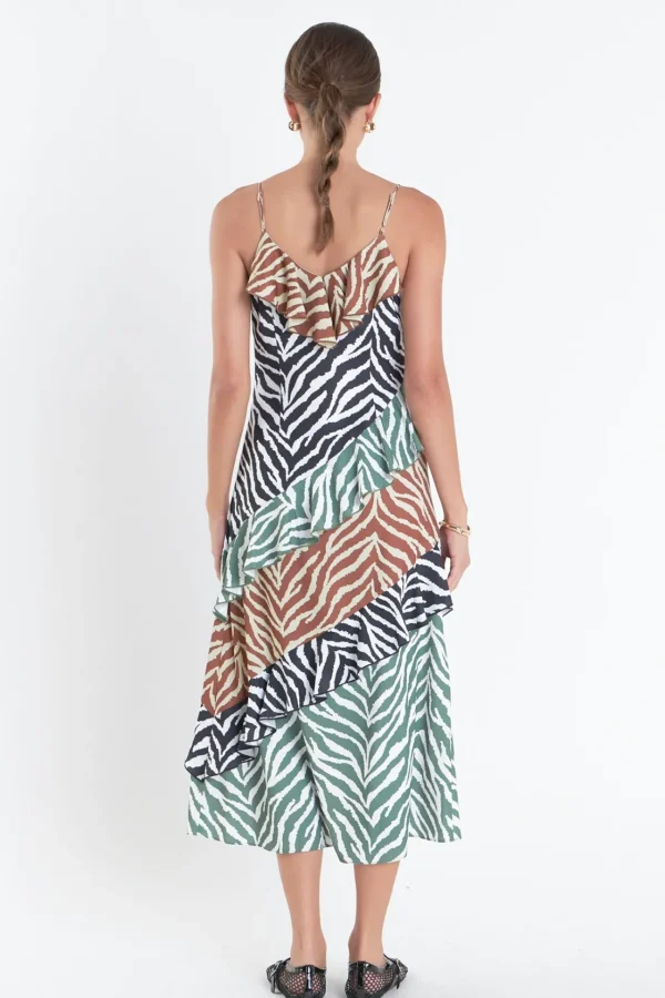 ENGLISH FACTORY Tops*- Zebra Print Colorblocked Slip Dress BROWNMULTI