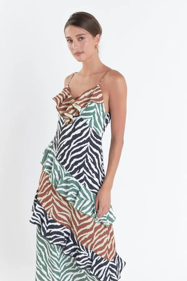 ENGLISH FACTORY Tops*- Zebra Print Colorblocked Slip Dress BROWNMULTI