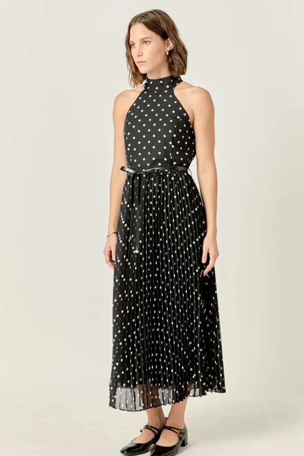 ENGLISH FACTORY Tops*- Zoe Polka Dot Pleated Midi Dress BLACK/WHITE