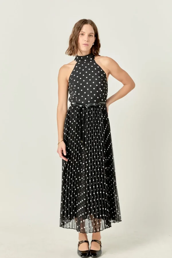 ENGLISH FACTORY Tops*- Zoe Polka Dot Pleated Midi Dress BLACK/WHITE