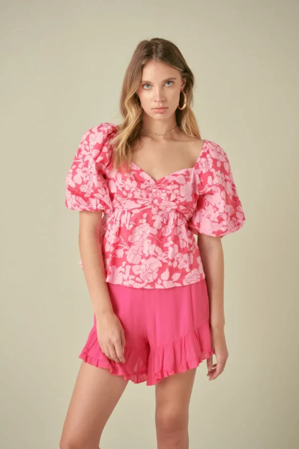 FREE THE ROSES Tops*Free The Rose - Floral Puff Sleeve Top