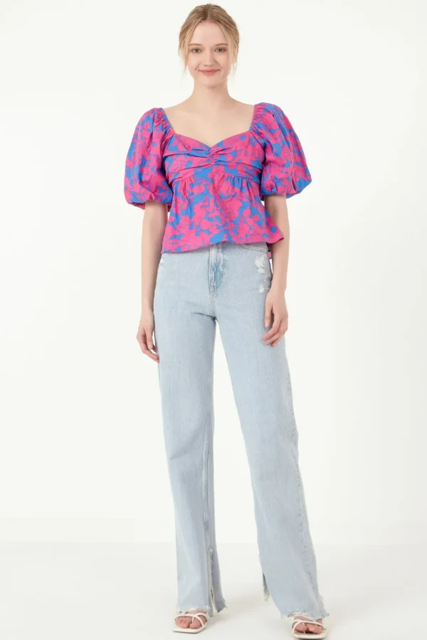 FREE THE ROSES Tops*Free The Rose - Floral Puff Sleeve Top