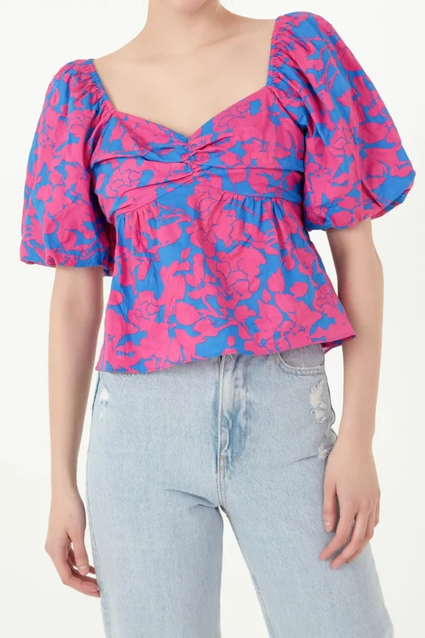 FREE THE ROSES Tops*Free The Rose - Floral Puff Sleeve Top