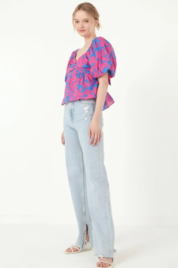 FREE THE ROSES Tops*Free The Rose - Floral Puff Sleeve Top