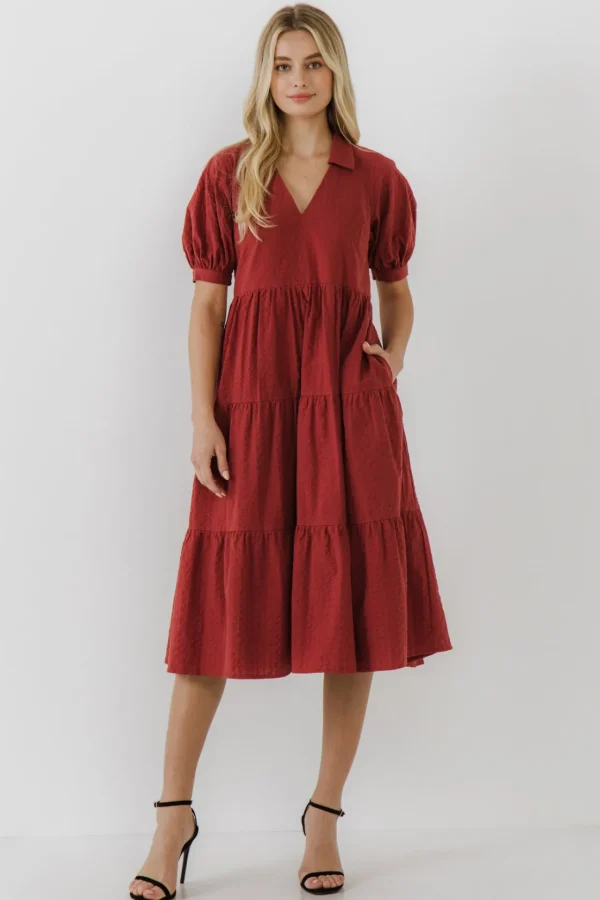 FREE THE ROSES Tops*Free The Rose - Stripe Texture Midi Dress RED