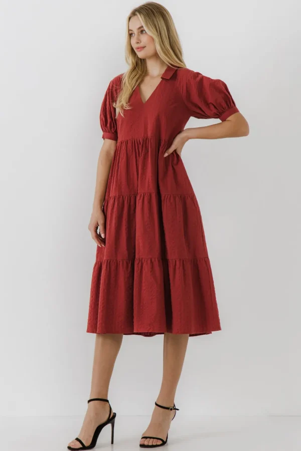 FREE THE ROSES Tops*Free The Rose - Stripe Texture Midi Dress RED