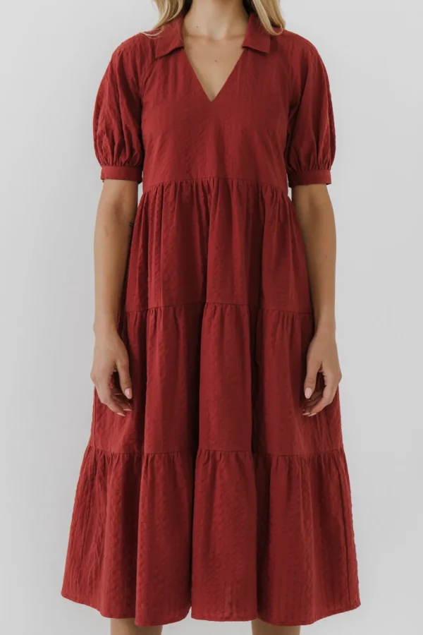 FREE THE ROSES Tops*Free The Rose - Stripe Texture Midi Dress RED