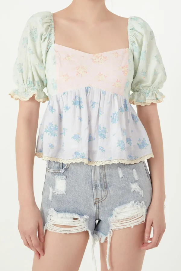 FREE THE ROSES Tops*- Color Block Eyelet Top MULTI