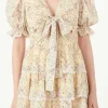 FREE THE ROSES Tops*- Embroidered Chiffon Tiered Front Bow Tie Mini Dress YELLOW