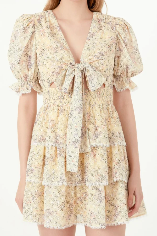 FREE THE ROSES Tops*- Embroidered Chiffon Tiered Front Bow Tie Mini Dress YELLOW