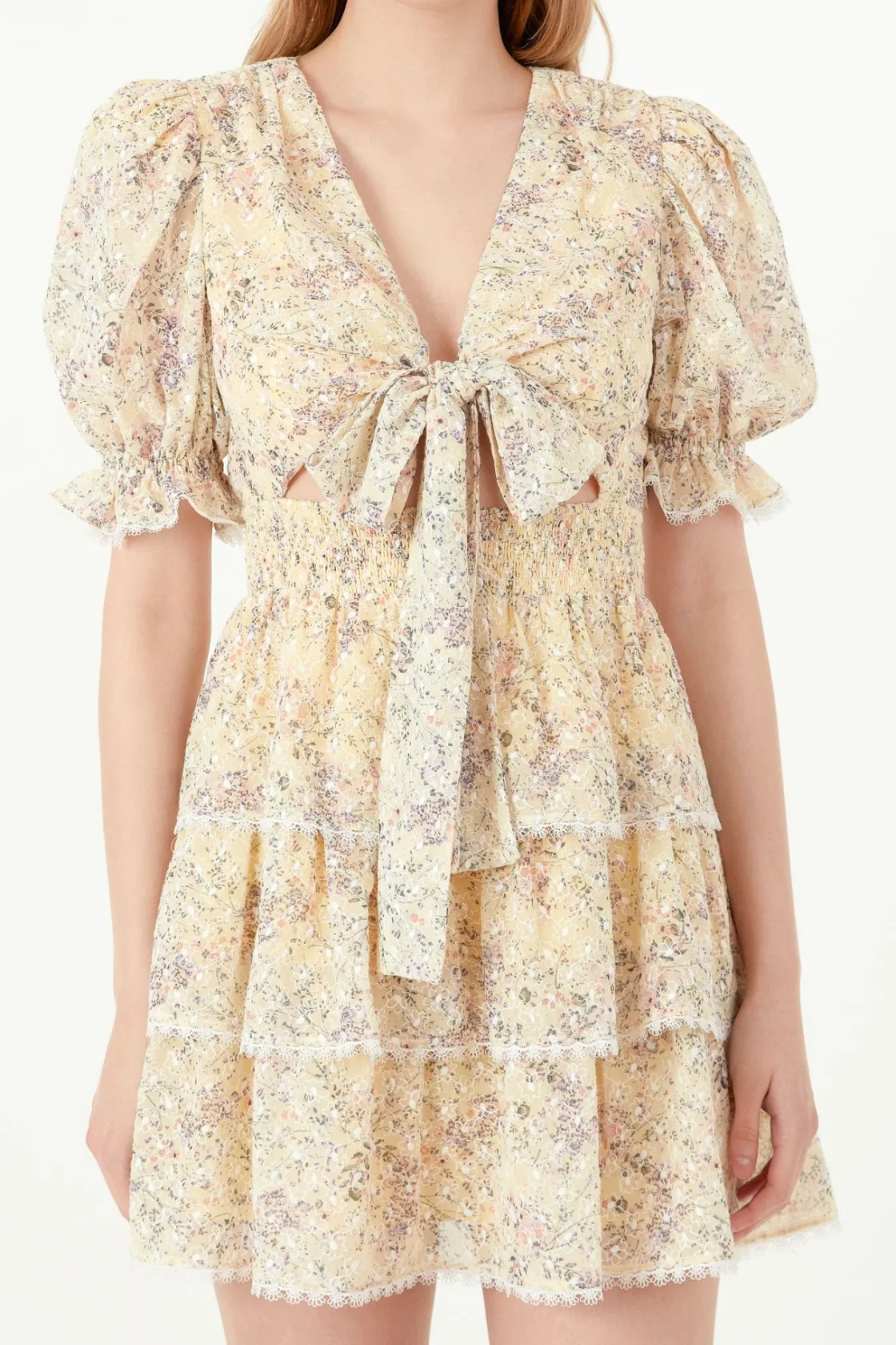 free_the_roses___embroide_0.webp FREE THE ROSES Tops*- Embroidered Chiffon Tiered Front Bow Tie Mini Dress YELLOW