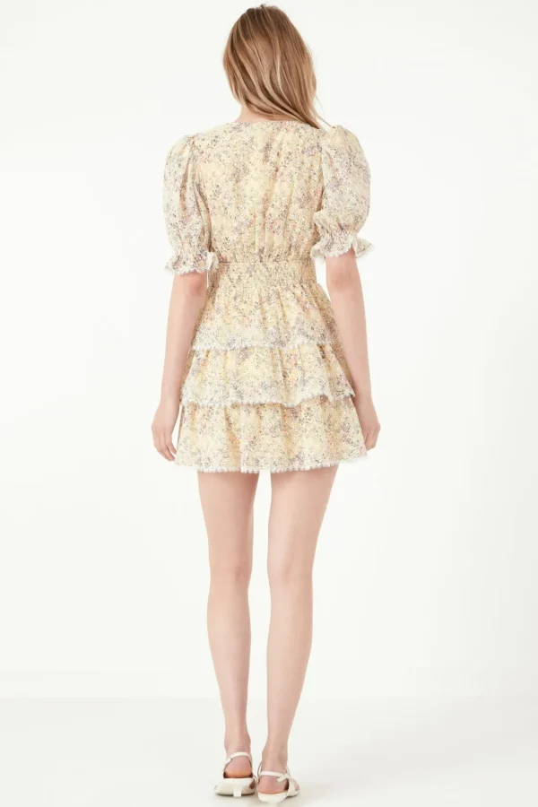 FREE THE ROSES Tops*- Embroidered Chiffon Tiered Front Bow Tie Mini Dress YELLOW