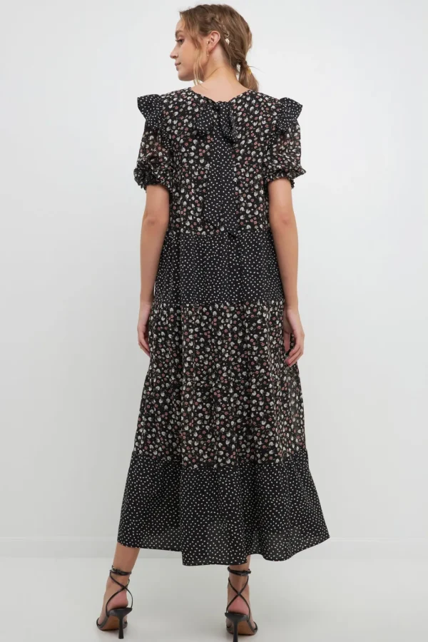 FREE THE ROSES Tops*- Floral & Dot Print Maxi Dress BLACKMULTI