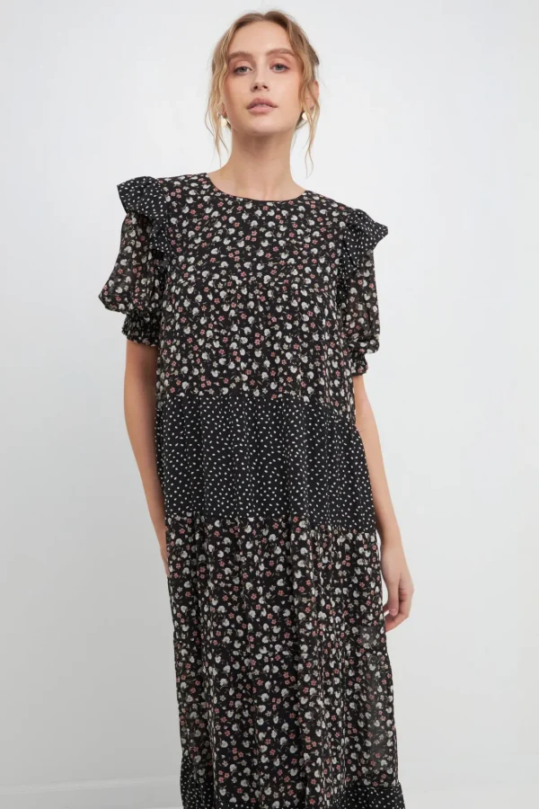 FREE THE ROSES Tops*- Floral & Dot Print Maxi Dress BLACKMULTI
