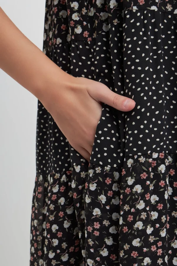 FREE THE ROSES Tops*- Floral & Dot Print Maxi Dress BLACKMULTI