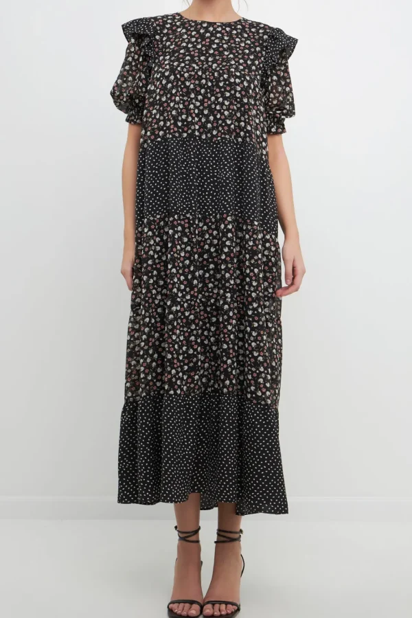 FREE THE ROSES Tops*- Floral & Dot Print Maxi Dress BLACKMULTI