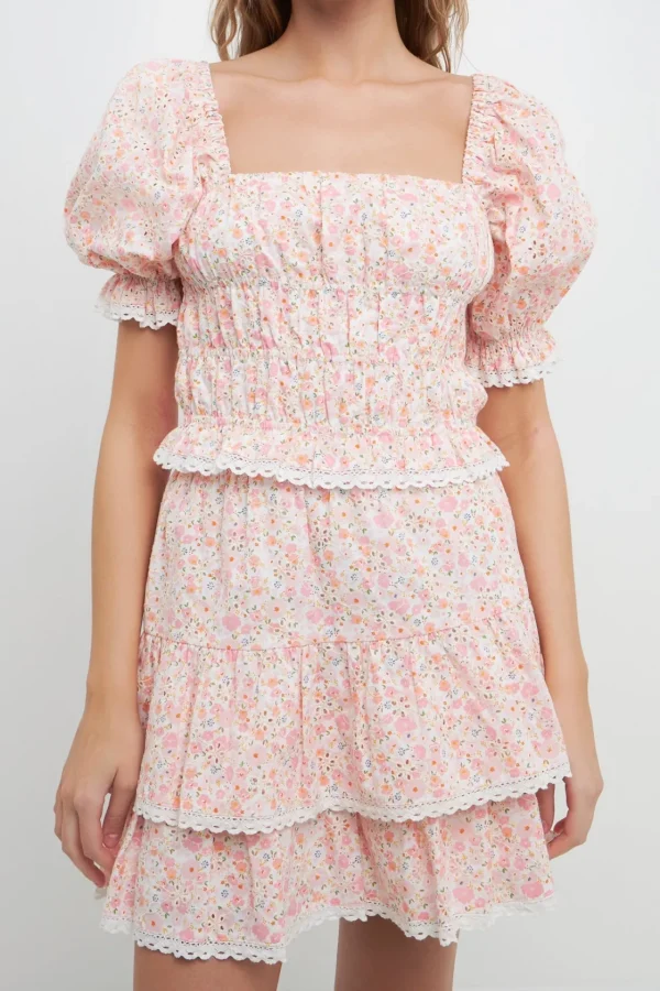 FREE THE ROSES Tops*- Floral Eyelet Smocked Cropped Top PINKMULTI