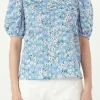 FREE THE ROSES Tops*- Floral Embroidered Top with Puff Sleeves BLUE