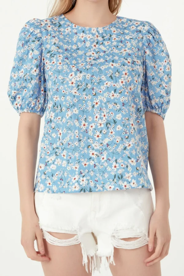 FREE THE ROSES Tops*- Floral Embroidered Top with Puff Sleeves BLUE