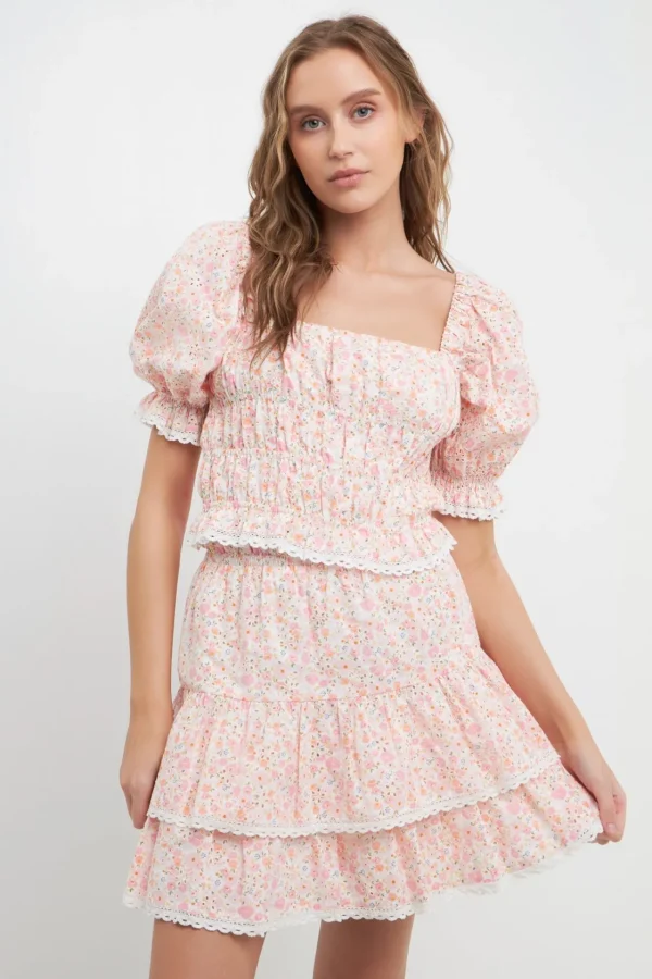 FREE THE ROSES Tops*- Floral Eyelet Smocked Cropped Top PINKMULTI