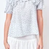 FREE THE ROSES Tops*- Floral Print Ruffle Top with Puff Sleeves BLUE/WHITE