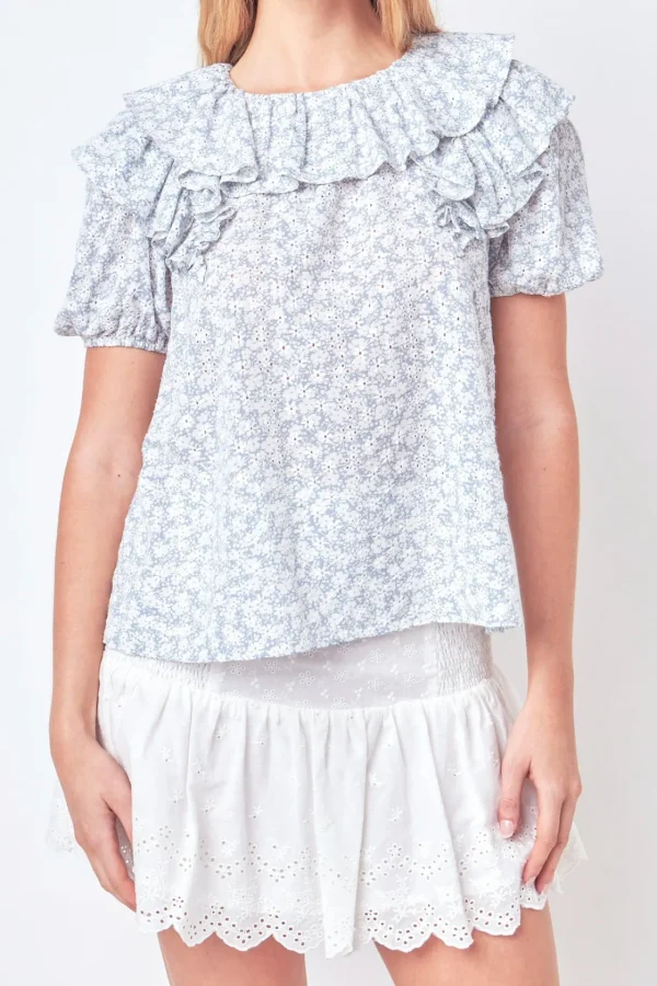 FREE THE ROSES Tops*- Floral Print Ruffle Top with Puff Sleeves BLUE/WHITE