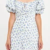 FREE THE ROSES Tops*- Floral Print Satin Mini Dress IVORY/BLUE