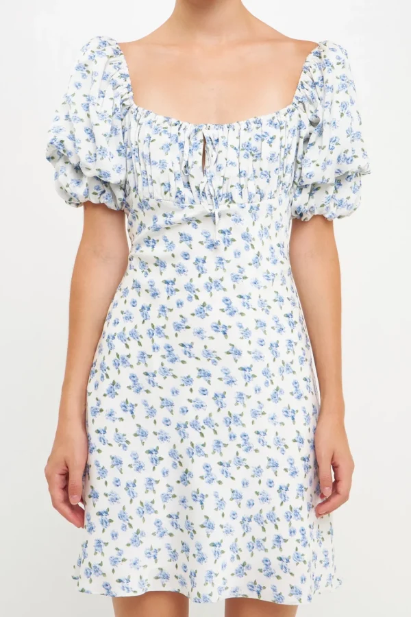 FREE THE ROSES Tops*- Floral Print Satin Mini Dress IVORY/BLUE