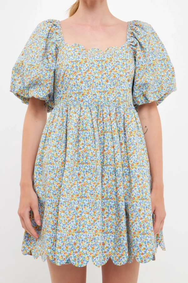 FREE THE ROSES Tops*- Floral Puff Sleeve Mini Dress BLUEMULTI
