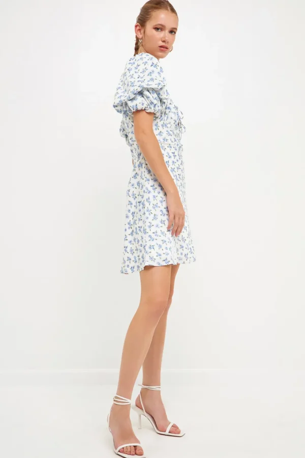FREE THE ROSES Tops*- Floral Print Satin Mini Dress IVORY/BLUE
