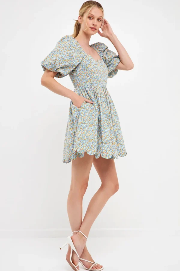 FREE THE ROSES Tops*- Floral Puff Sleeve Mini Dress BLUEMULTI