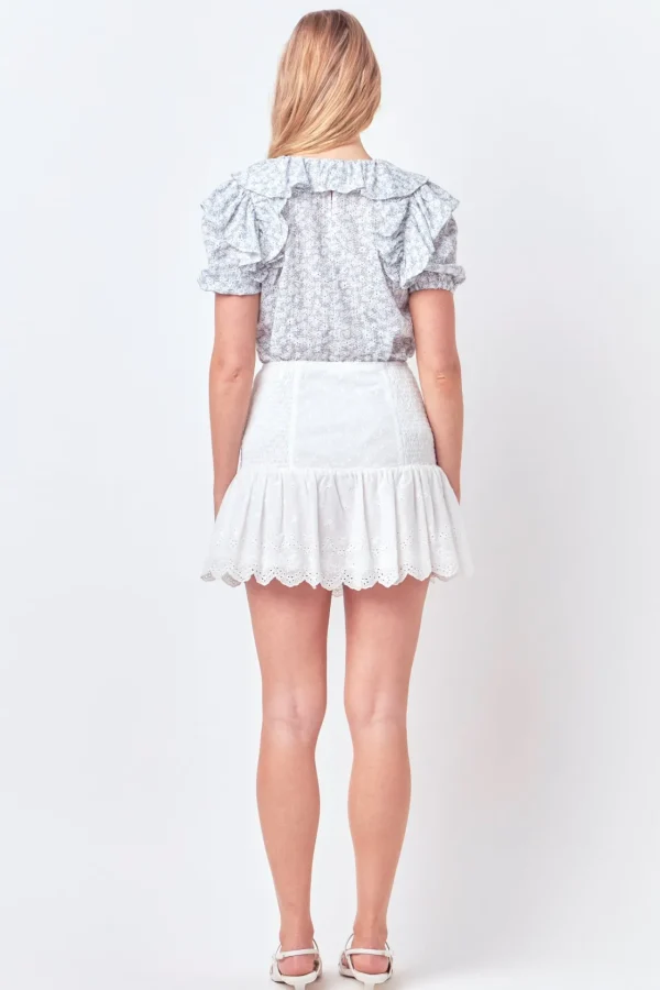 FREE THE ROSES Tops*- Floral Print Ruffle Top with Puff Sleeves BLUE/WHITE