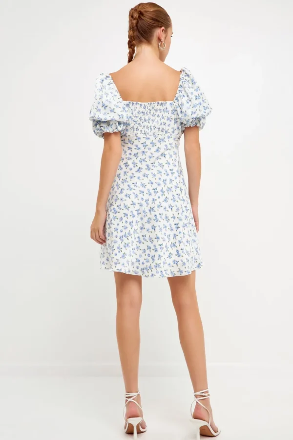 FREE THE ROSES Tops*- Floral Print Satin Mini Dress IVORY/BLUE