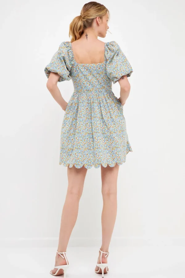 FREE THE ROSES Tops*- Floral Puff Sleeve Mini Dress BLUEMULTI