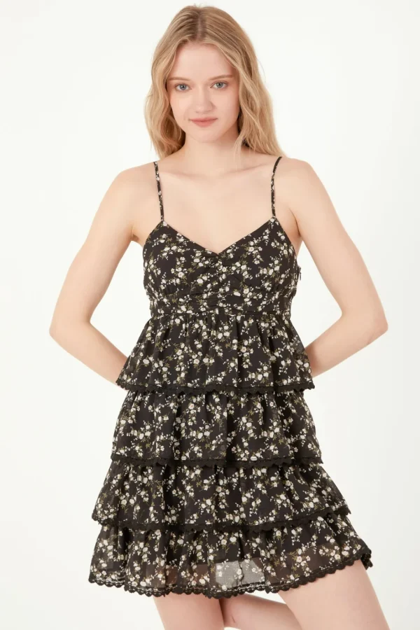 FREE THE ROSES Tops*- Floral Printed Tiered Mini Dress BLACK