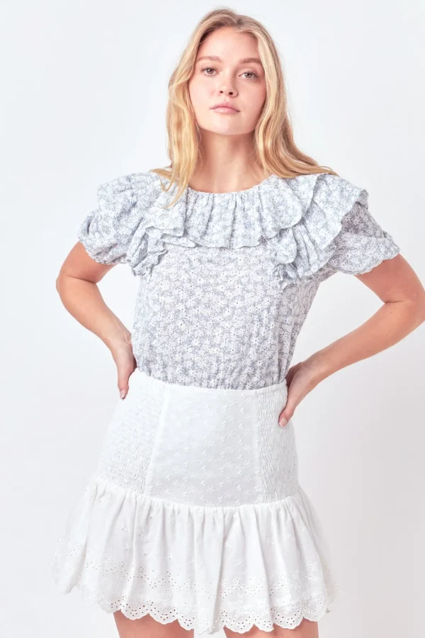 FREE THE ROSES Tops*- Floral Print Ruffle Top with Puff Sleeves BLUE/WHITE