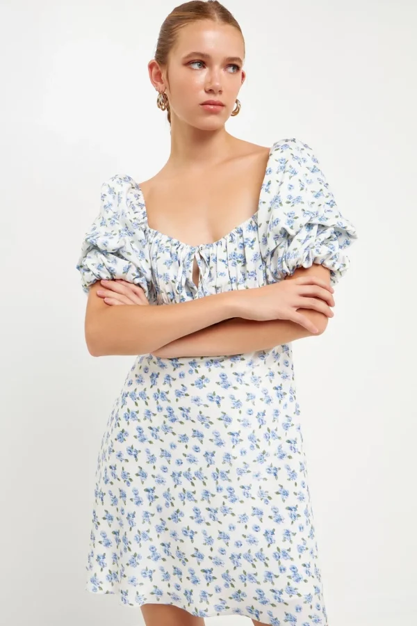 FREE THE ROSES Tops*- Floral Print Satin Mini Dress IVORY/BLUE